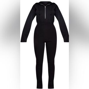 BLACK SWEAT HOODED RIB PANT JUMPSUIT L